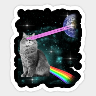 Outer Space Kitty Cat Laser Eyes Rainbow Earth Sticker